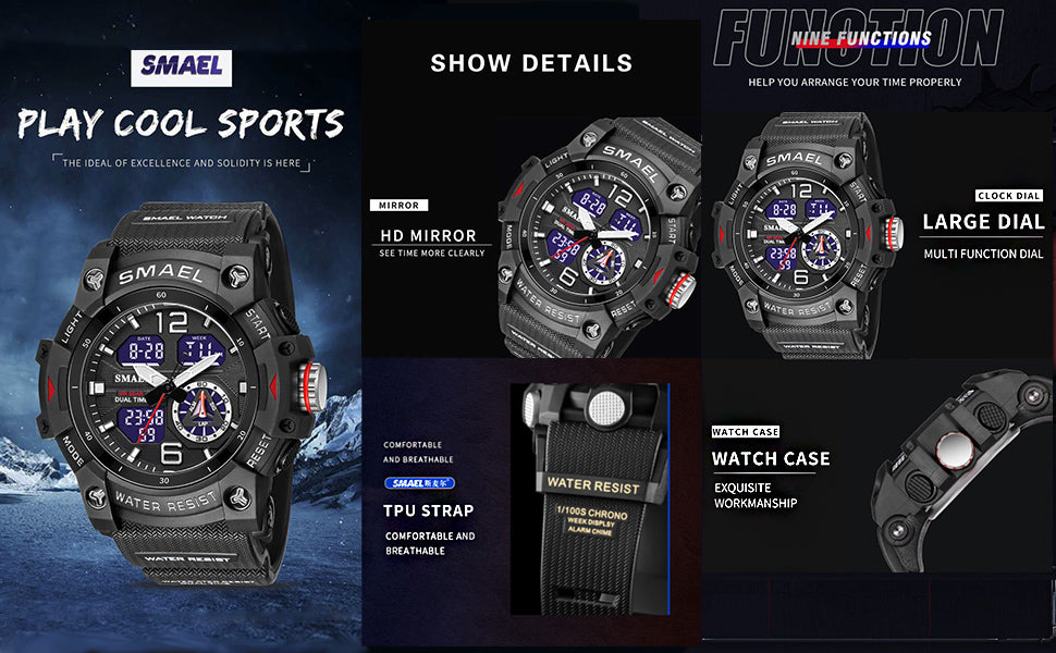 SMAEL Men's Military Sports Watch 8007 Waterproof Digital Quartz Wristwatches