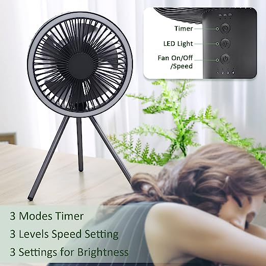 Camping Portable Fan Circulator Wireless with Power Bank and LED Lighting