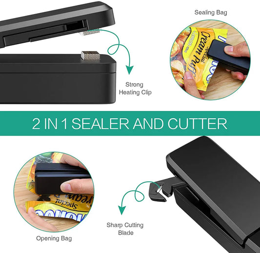 Mini Bag Sealer 2 in 1 Rechargeable Portable Bag Vacuum Heat Sealer & Cutter