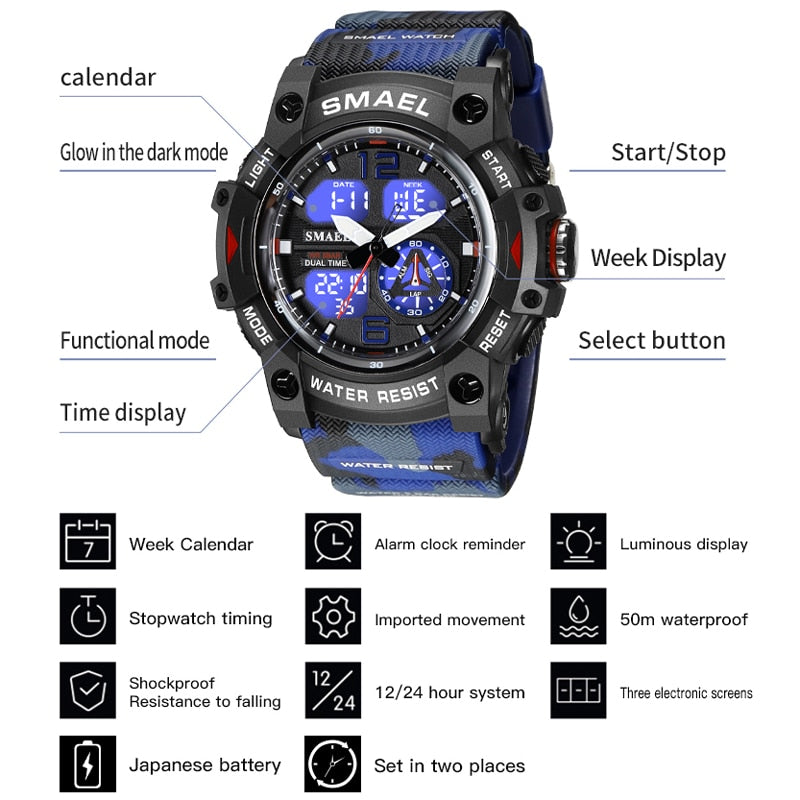 SMAEL Men's Military Sports Watch 8007 Waterproof Digital Quartz Wristwatches