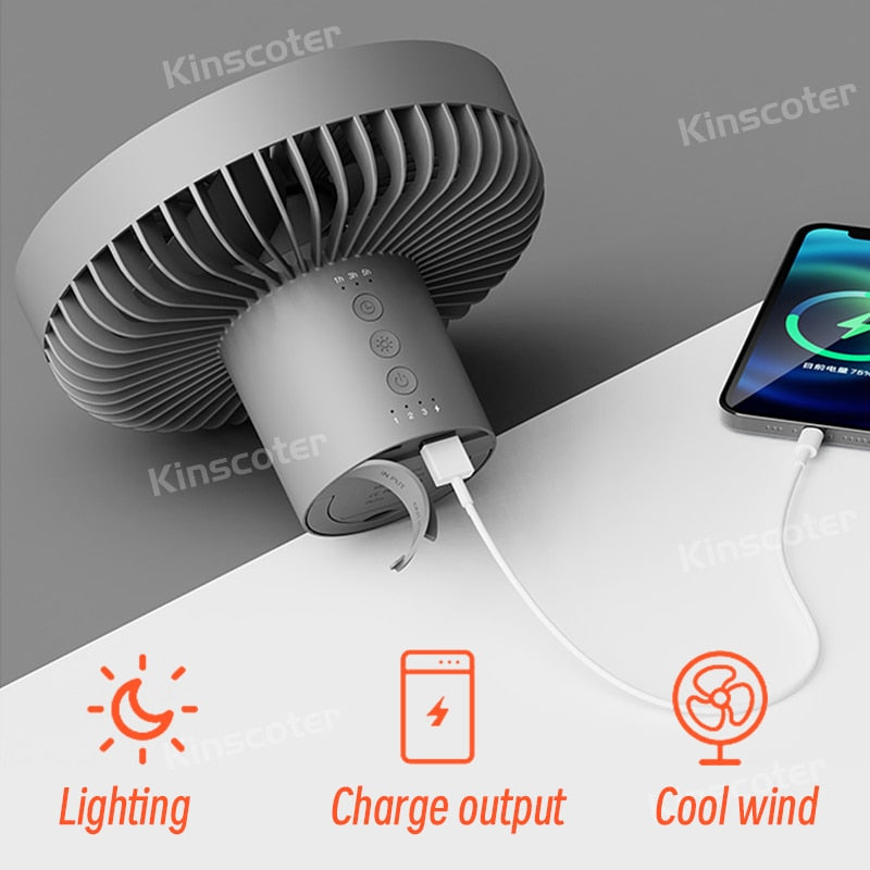 Camping Portable Fan Circulator Wireless with Power Bank and LED Lighting